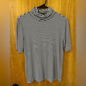Michael Kors Black and White Striped Short Sleeve Turtleneck Tee